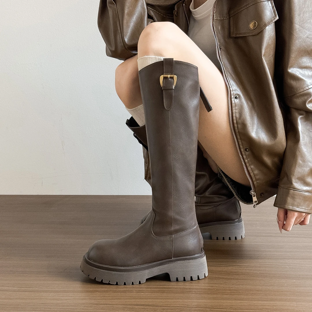 爆款！胖腿MM真皮厚底长靴秋冬不过膝高靴靴西部牛仔骑士靴圆头冬