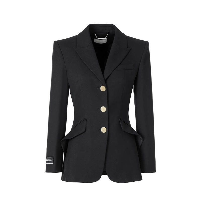 MAGGIE MA马婧设计师气质时髦西装单排扣修身通勤袖标外套黑086C