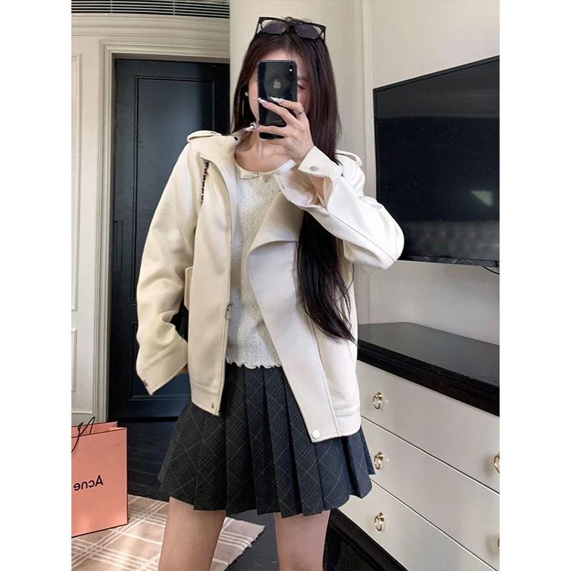 韩系气质温柔风杏色立领外套女春秋季高级感宽松百搭开衫夹克上衣