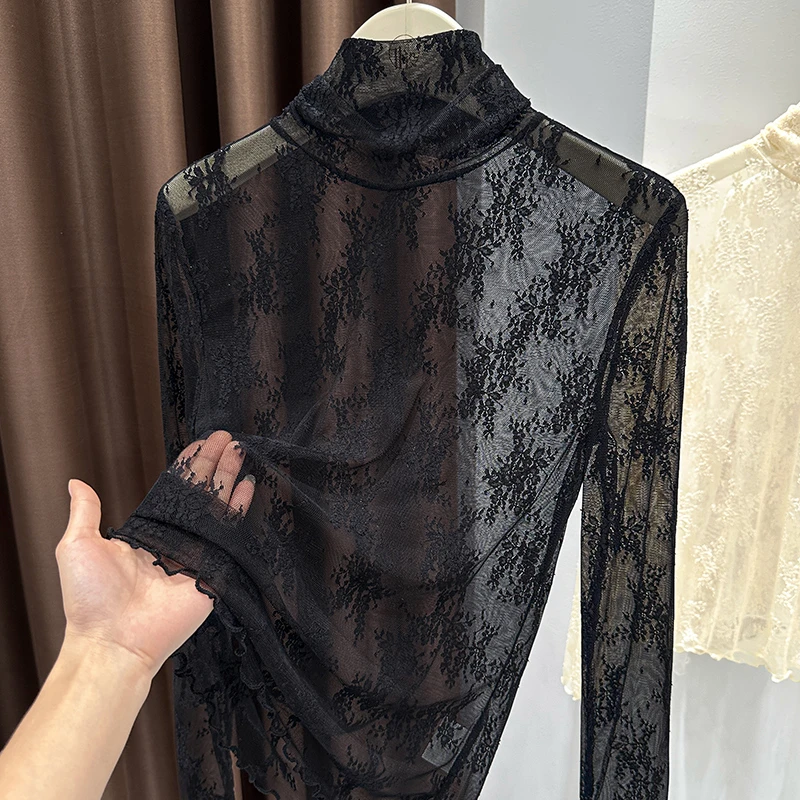高档黑色半高领网纱透视蕾丝打底小衫女秋冬新款长袖洋气修身上衣