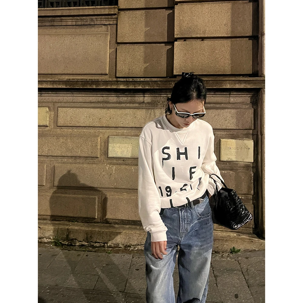 【减龄公式】100棉舒适宽松透气白色美式圆领休闲卫衣W0425