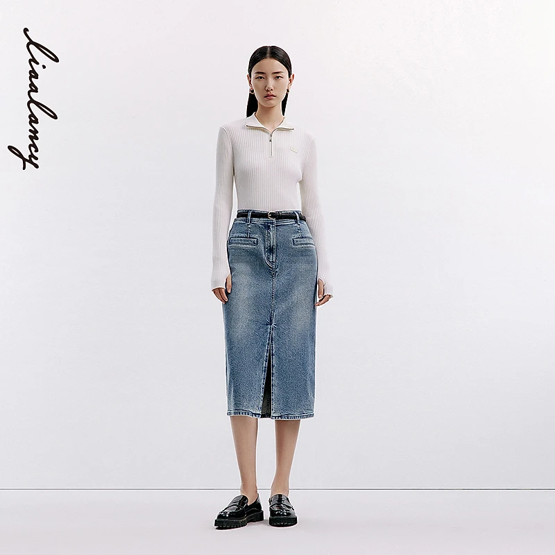 LANCY/朗姿2024秋新款磨白牛仔H直筒半身裙复古水中长半裙女