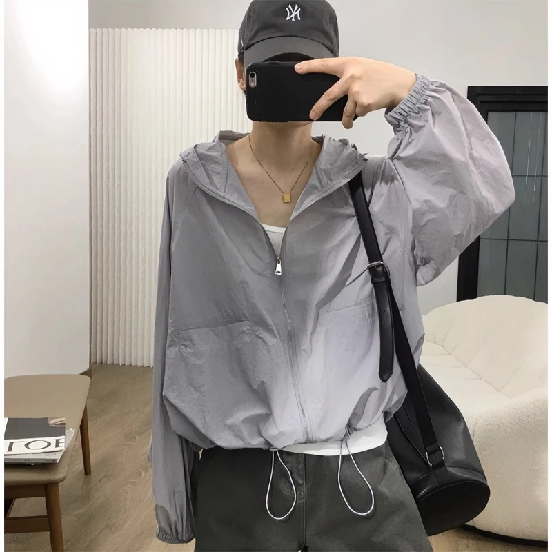 2025年夏季连帽防晒服韩版时尚纯色慵懒风透气百搭宽松休闲防晒衣