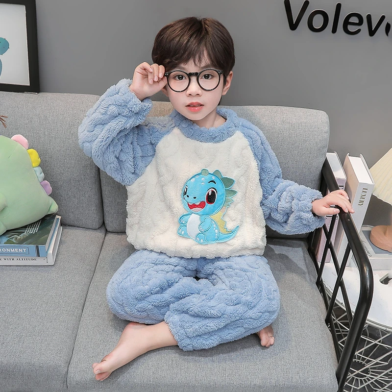 男童睡衣2025新款秋冬季蓝色恐龙男宝宝法兰绒居家保暖两件套款式