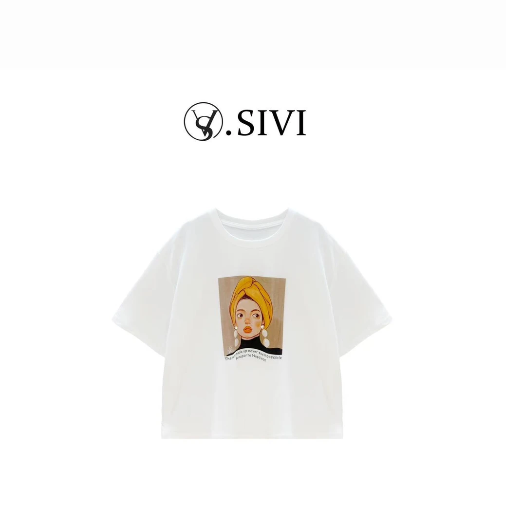 熙薇【珍珠少女】2025夏季新款时尚印花休闲圆领T恤上衣H2853