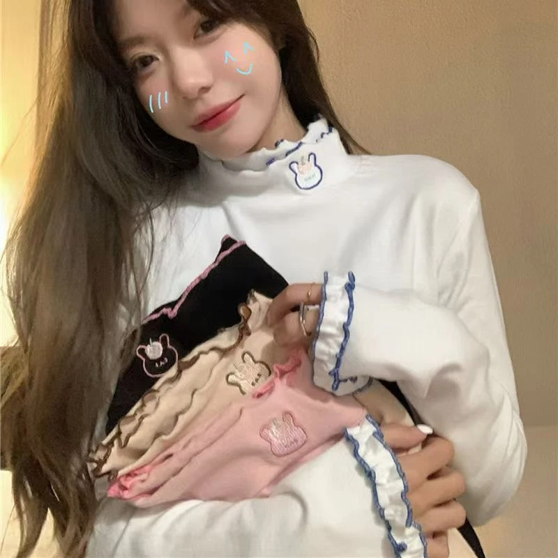 秋冬保暖德绒打底衫兔子绣花半高领百搭加绒木耳边长袖t恤女上衣