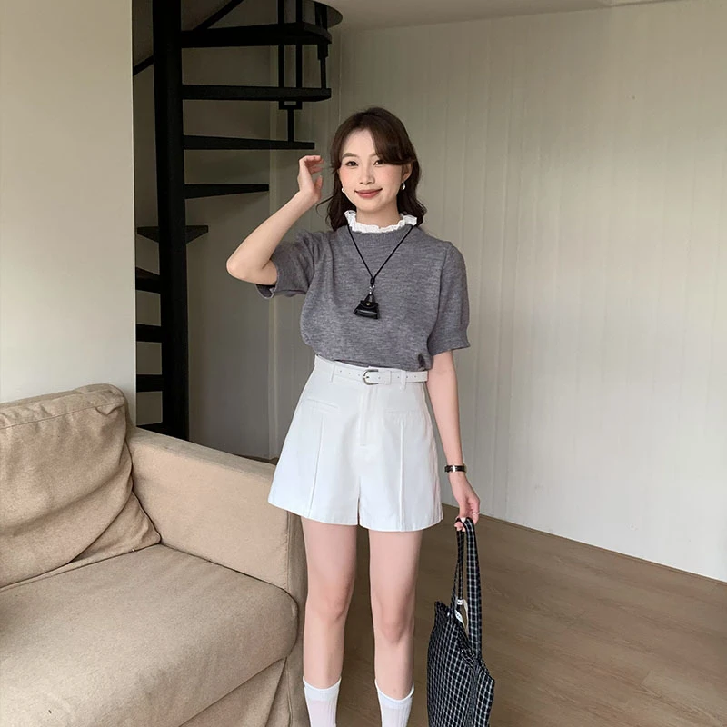 休闲短裤女2025新款高腰A字阔腿裤休闲西装短裤腰带百搭86005