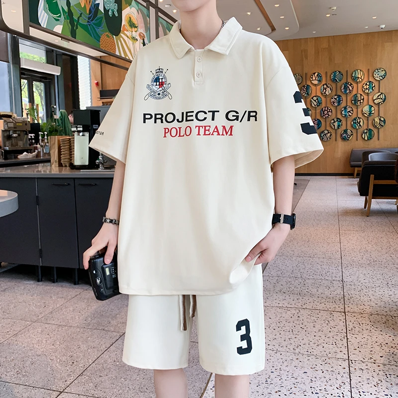 男生夏季新款时尚翻领潮牌短袖套装宽松港风学生polo衫短袖T一套