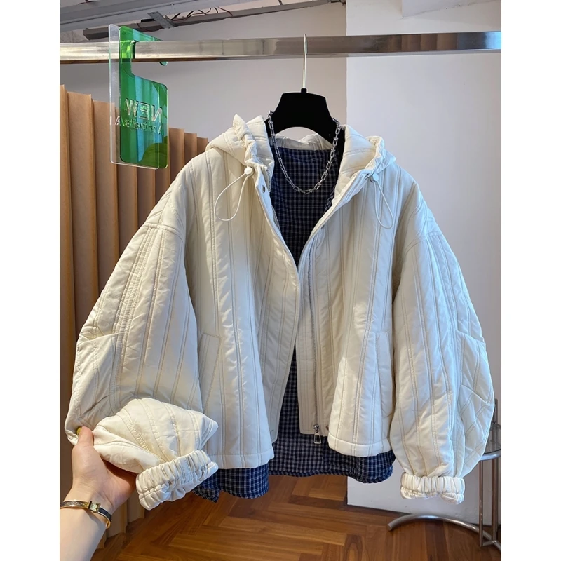 连帽假两件棉服女短款2025新款宽松休闲轻薄洋气超好看夹棉外套冬