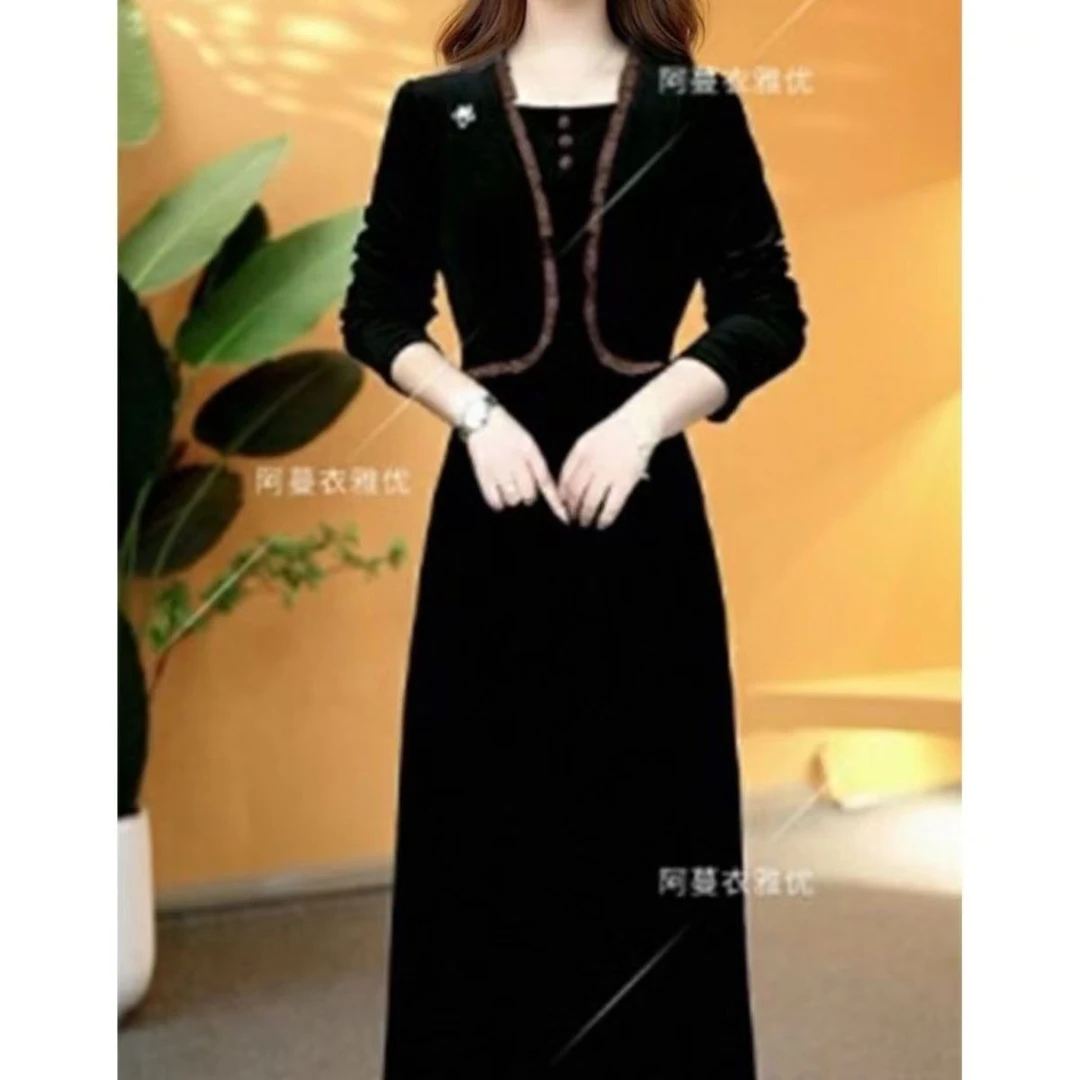 2025春季新款气质时尚洋气显瘦高定重磅植绒假两件连衣裙