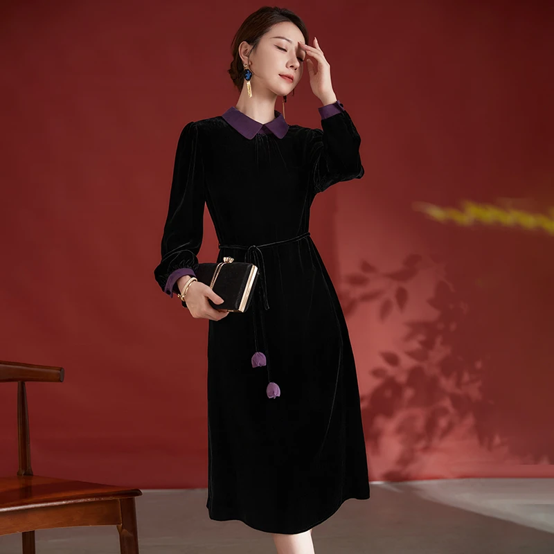 水墨佳人秋季新款真丝丝绒连衣裙82498522