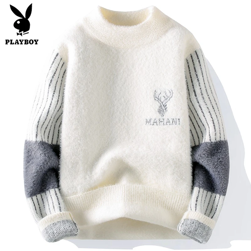 花花公子春秋款水貂绒毛衣男士加厚圆领打底针织衫潮流男款毛线衣