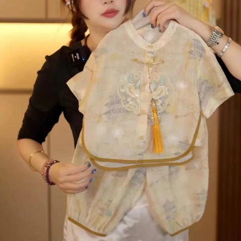 2025夏装新款儿童女童男童设计感时尚刺绣新中式国风套装两件套