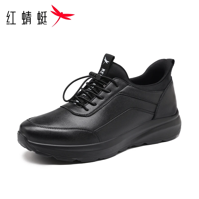 红蜻蜓男秋冬闪穿科技软底运动皮鞋素面耐磨商务风工作休闲单鞋