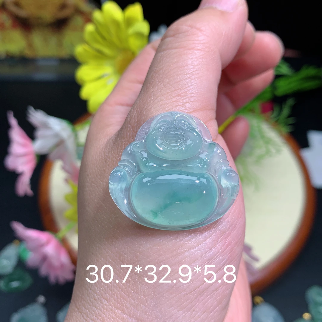 缅甸翡翠A货冰种飘绿佛公夏挂件水润百搭精冰绿色精质珠宝玉石