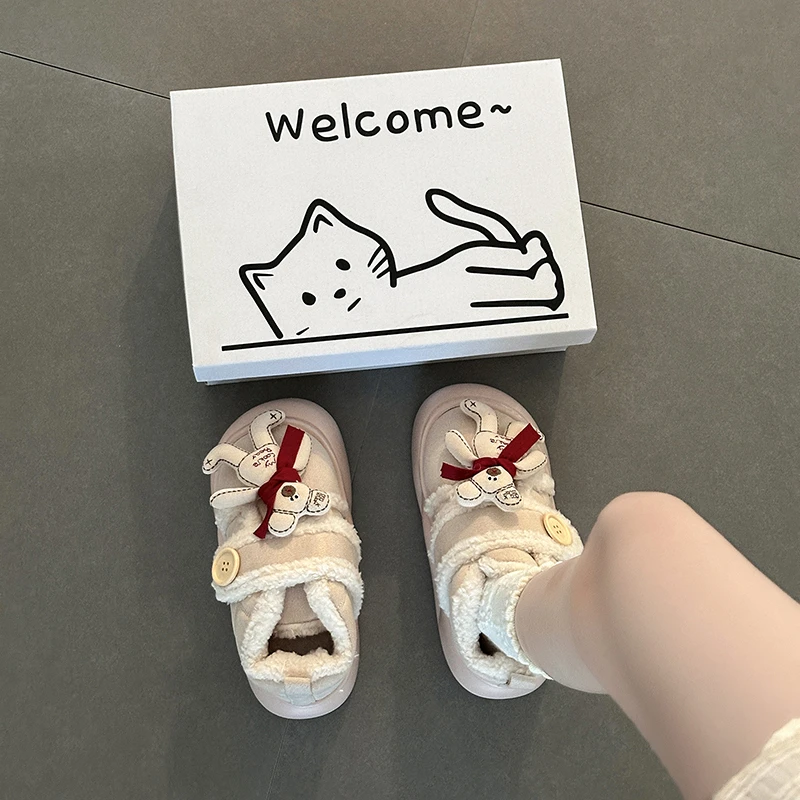 时尚百搭舒适蝴蝶结卡通小熊魔术贴雪地靴女2025秋冬新款小熊棉鞋