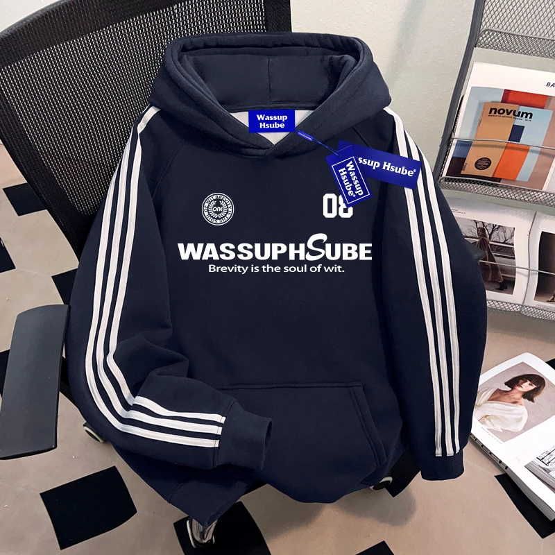 WASSUP HSUBE美式潮流黑色三条杠连帽卫衣宽松休闲男士套头上衣潮