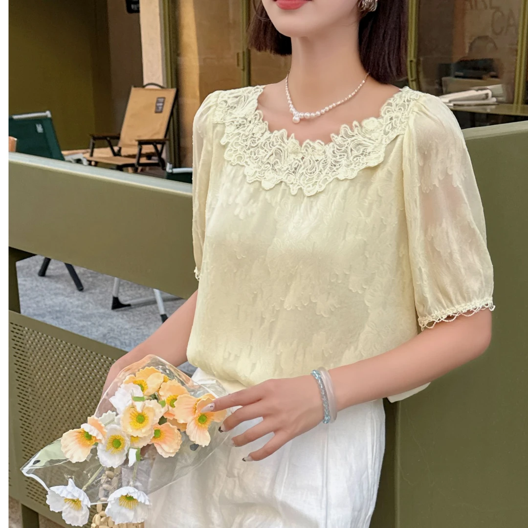 蕾丝流苏休闲短袖圆领衬衫甜美显瘦夏季时尚提花微透设计感