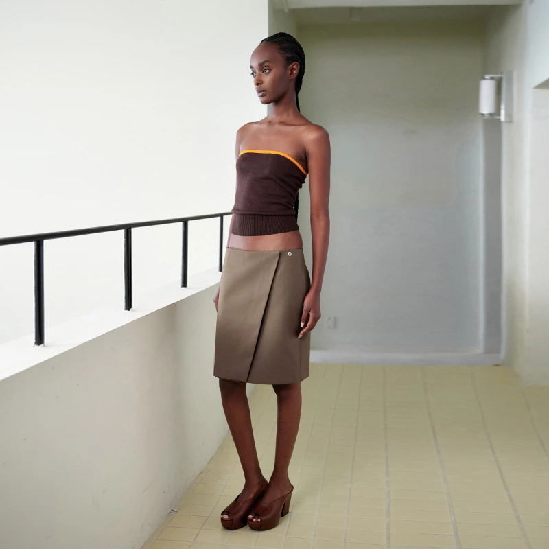 一片式包裹西装半裙 亚麻棕/黑色