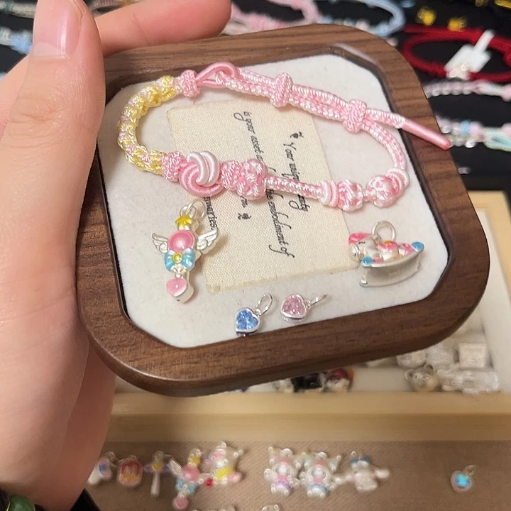 足银布艺银饰x4+粉绳（爱心配珍珠）