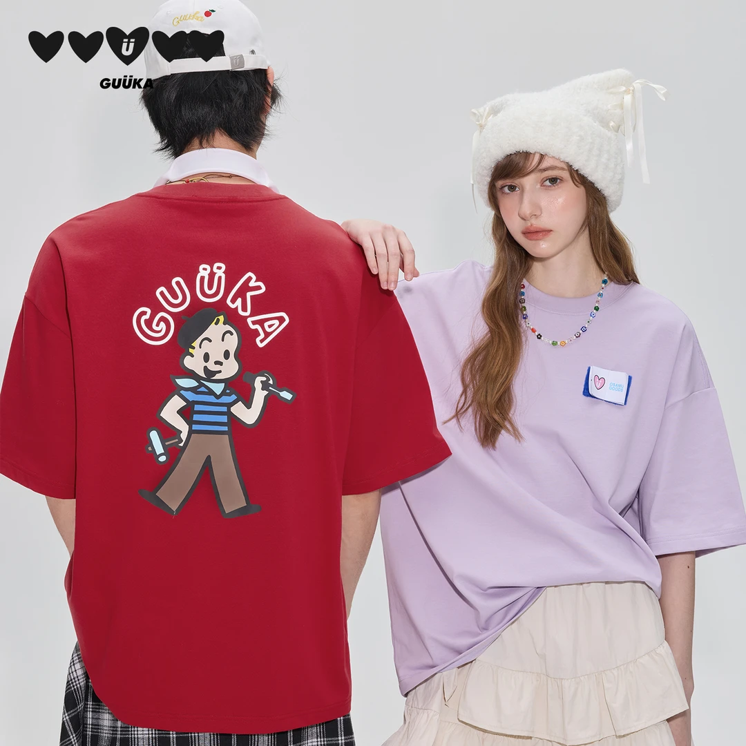 GUUKA&原田治联名杰克重磅纯棉短袖t恤夏季多巴胺圆领落肩F6303