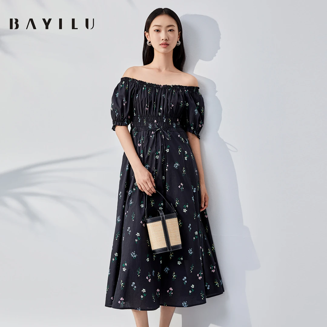 【叶姐】芭依璐夏季连衣裙女碎花泡泡袖一字肩长裙90L7044