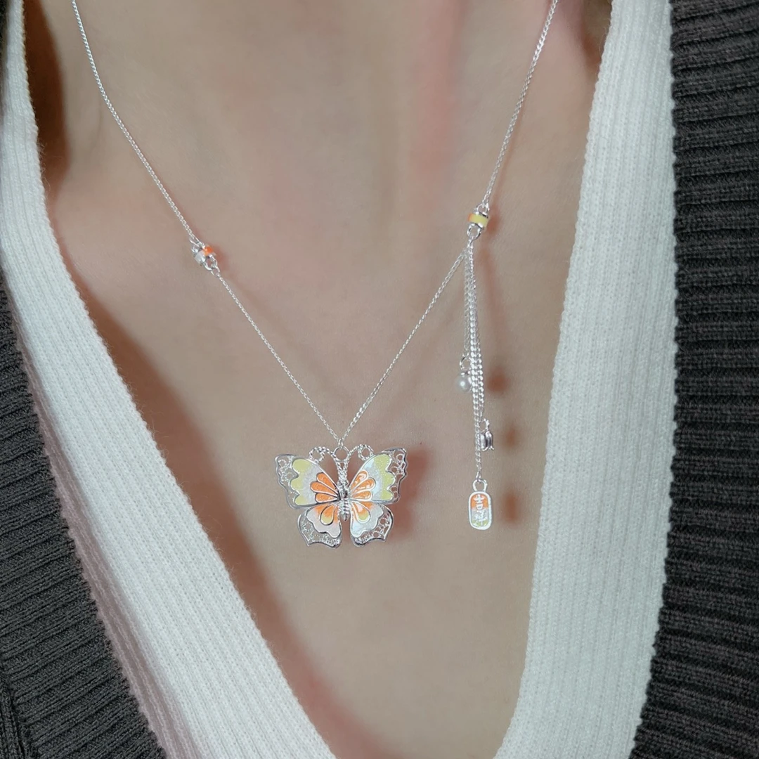 坠链均925银珐琅 S925银项链 轻奢中式珐琅彩色蝴蝶套链女XL-3238