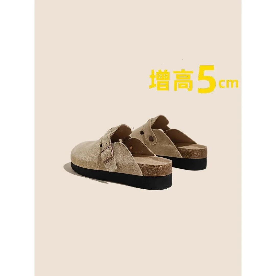 三福软皮厚底勃肯鞋女2025秋季新款包头半拖鞋外穿拖鞋软木博肯鞋