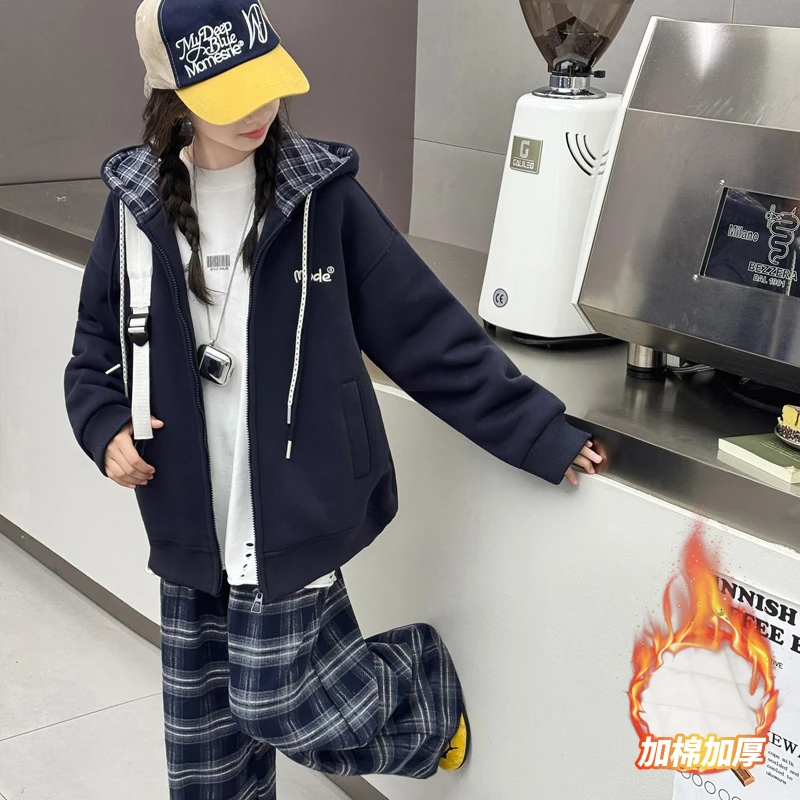 儿童外套秋冬2025新款夹棉加厚中大童8-15岁韩版洋气女童连帽上衣