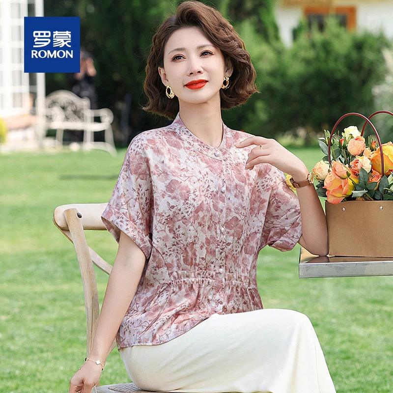 罗蒙中老年女装夏季上衣裤子套装女时尚衬衫阔太太高贵短袖两件套