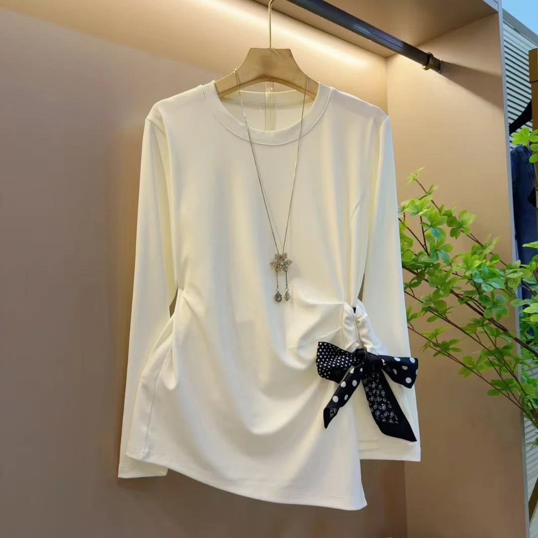 秋季简约时尚女装新款设计感圆领系绳显瘦百搭上衣（长61左右）