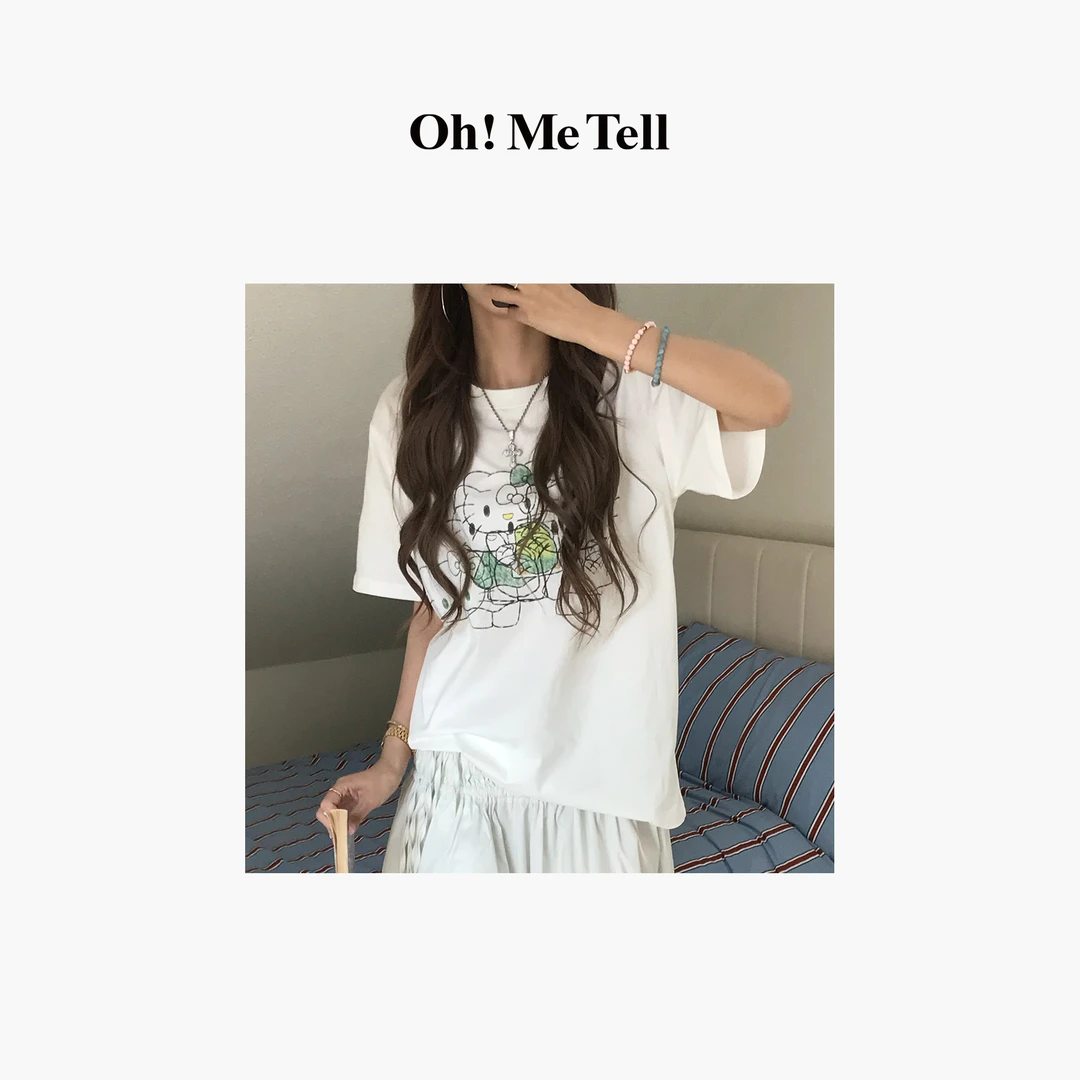 Oh! Me Tell【重影小绿KT】趣味卡通印花休闲宽松显瘦圆领短袖T恤