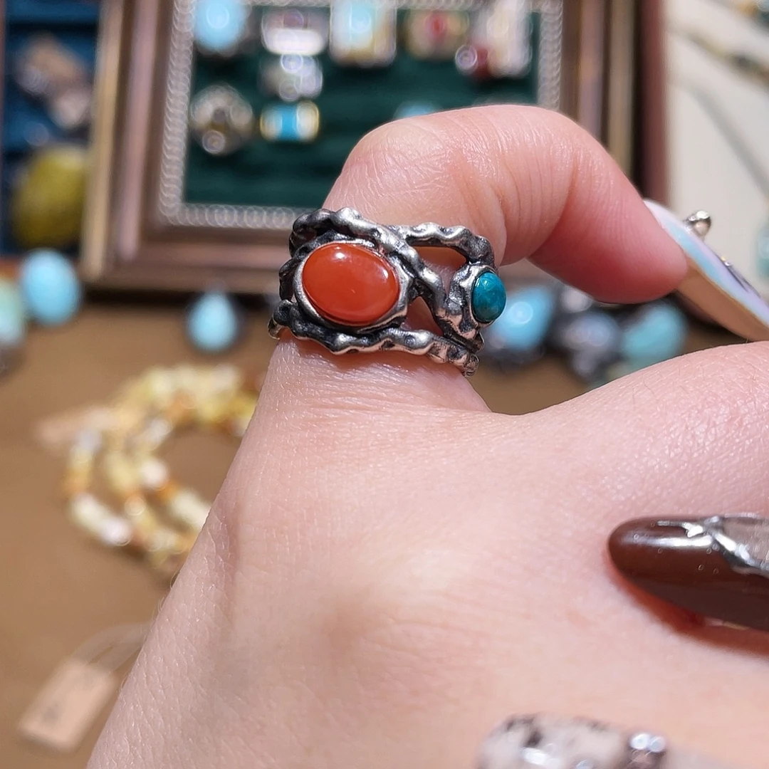 南红玛瑙银S925镶嵌戒指