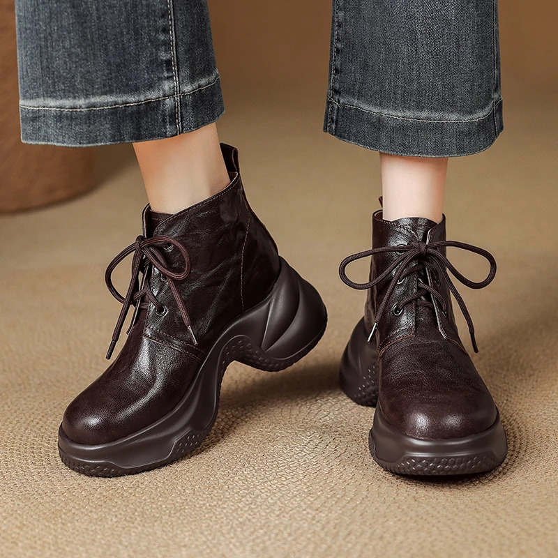 8CM韩版高跟时尚休闲马丁靴2025秋冬新款圆头厚底粗跟系带小短靴