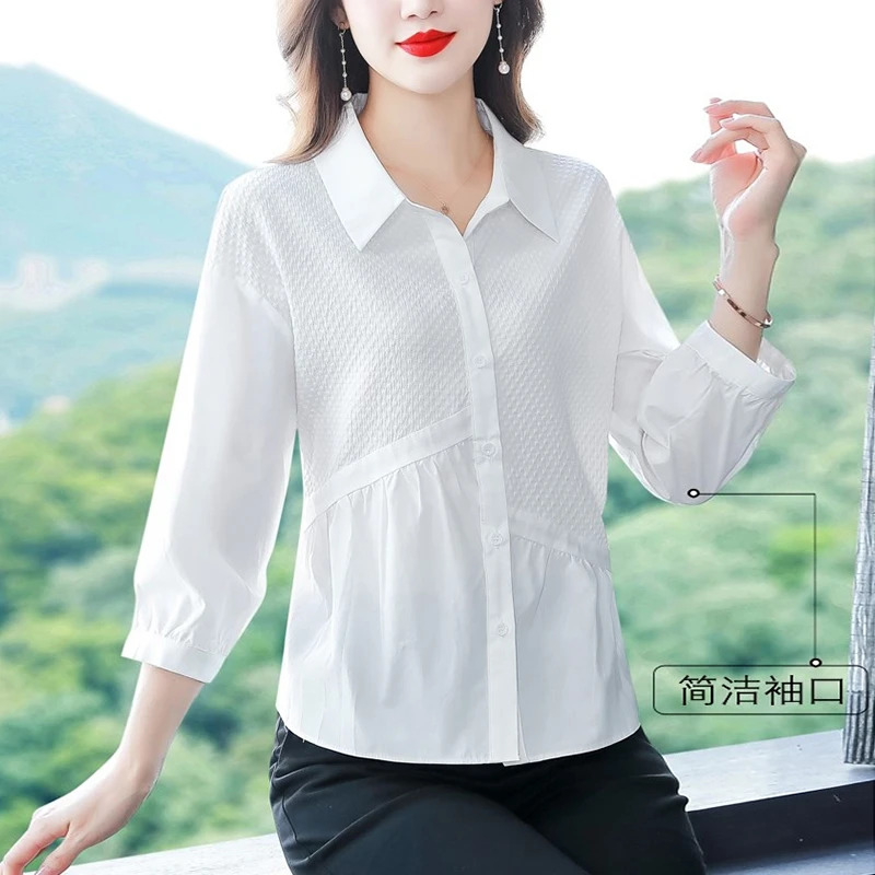 百搭韩版纯棉七分袖衬衫夏季新款气质长袖洋气衬衣阔太太气质上衣