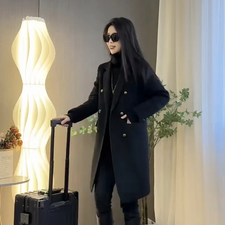 冬季新款中长款气质显瘦斜纹绵呢大衣女外套时尚百搭黑色毛呢大衣