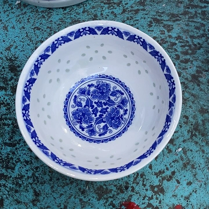摆件6寸青花玲珑缠枝牡丹花面碗