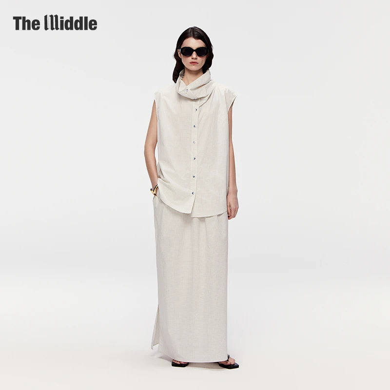 The Middle复古格纹无袖背心纯棉亲肤polo领夏 宽松A字半裙套装