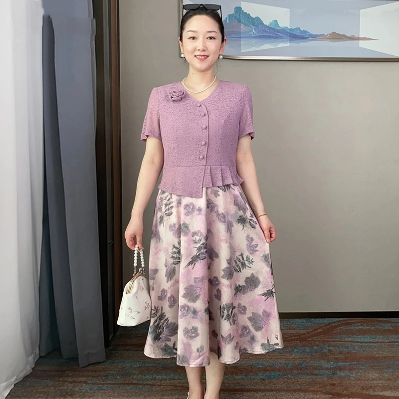 曲珠冰丝紫色优雅女装2025春夏季新款时尚气质假两件碎花连衣裙子