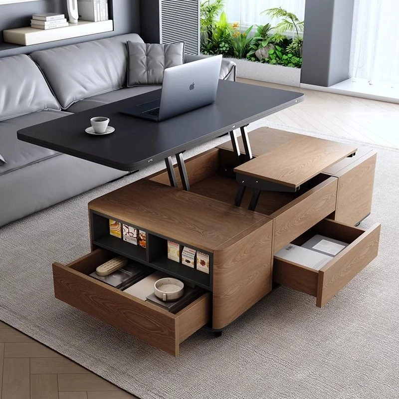 北欧多功能岩板升降茶几餐桌一体两用二合一小户型家用带凳客厅