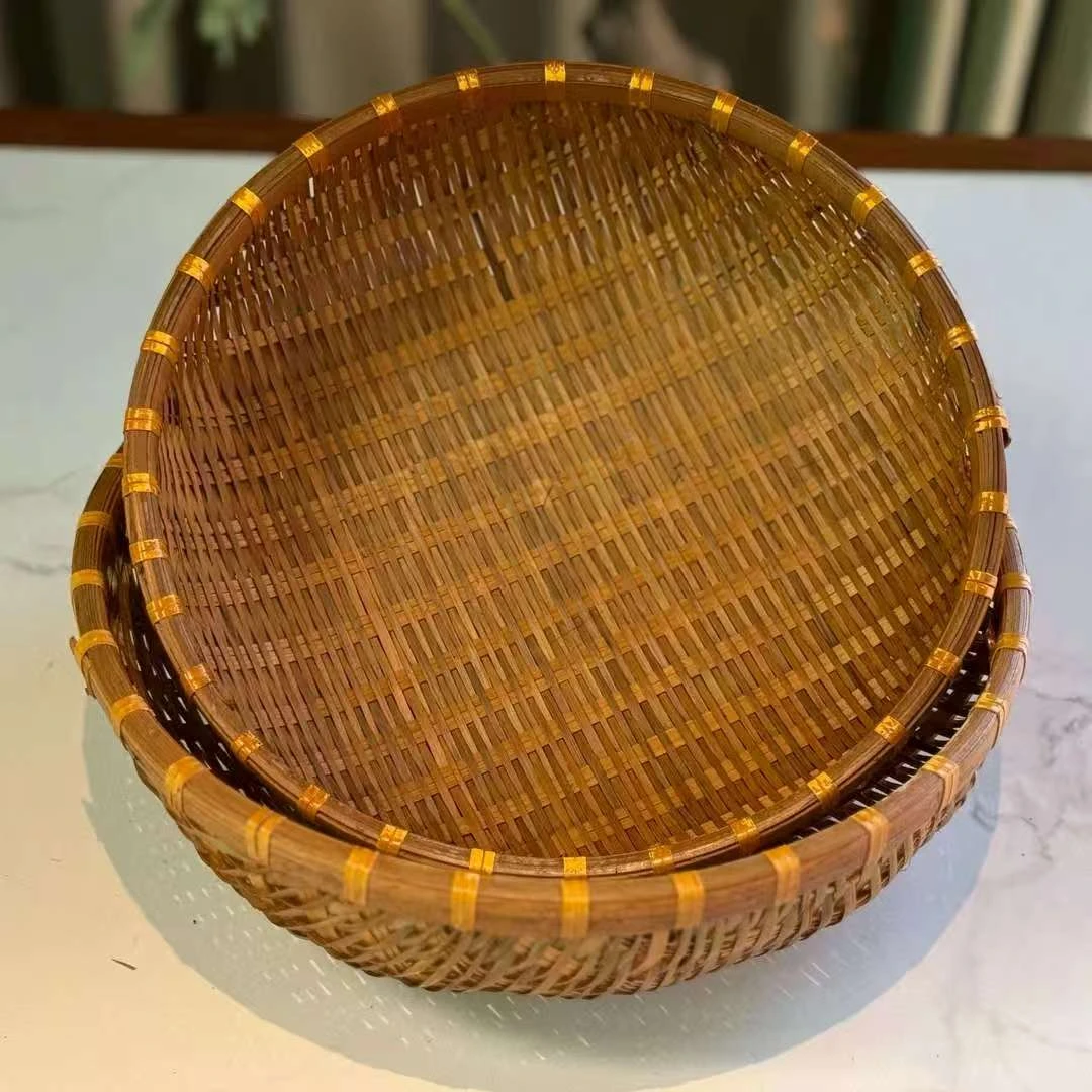 (36+38公分竹青密边)二个手工烟熏圆形无孔家用竹编馒头筐