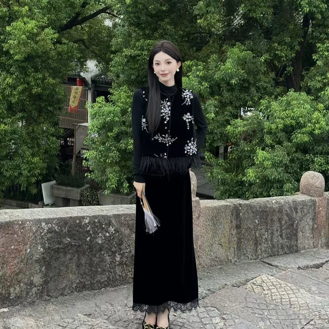 【猫七七】2025秋季新款国风马甲外套气质半身裙套装Q53TZW5096