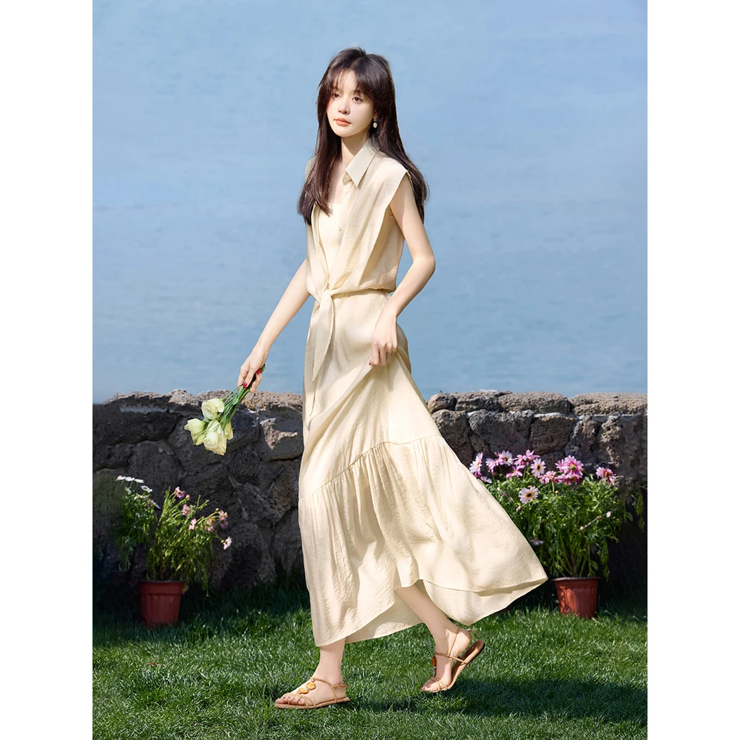 沫晗依美夏日度假风肌理感绑带衬衫+量感伞裙2025夏季新款女套装