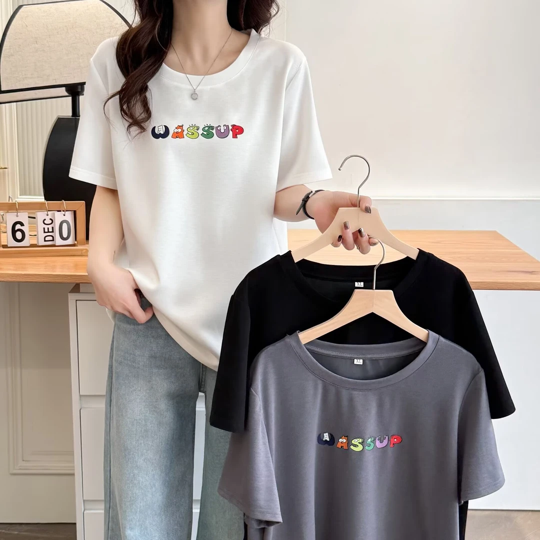 梦冬佳--110-200斤大码女装胖mm夏季百搭显瘦遮肚子短袖T恤上衣