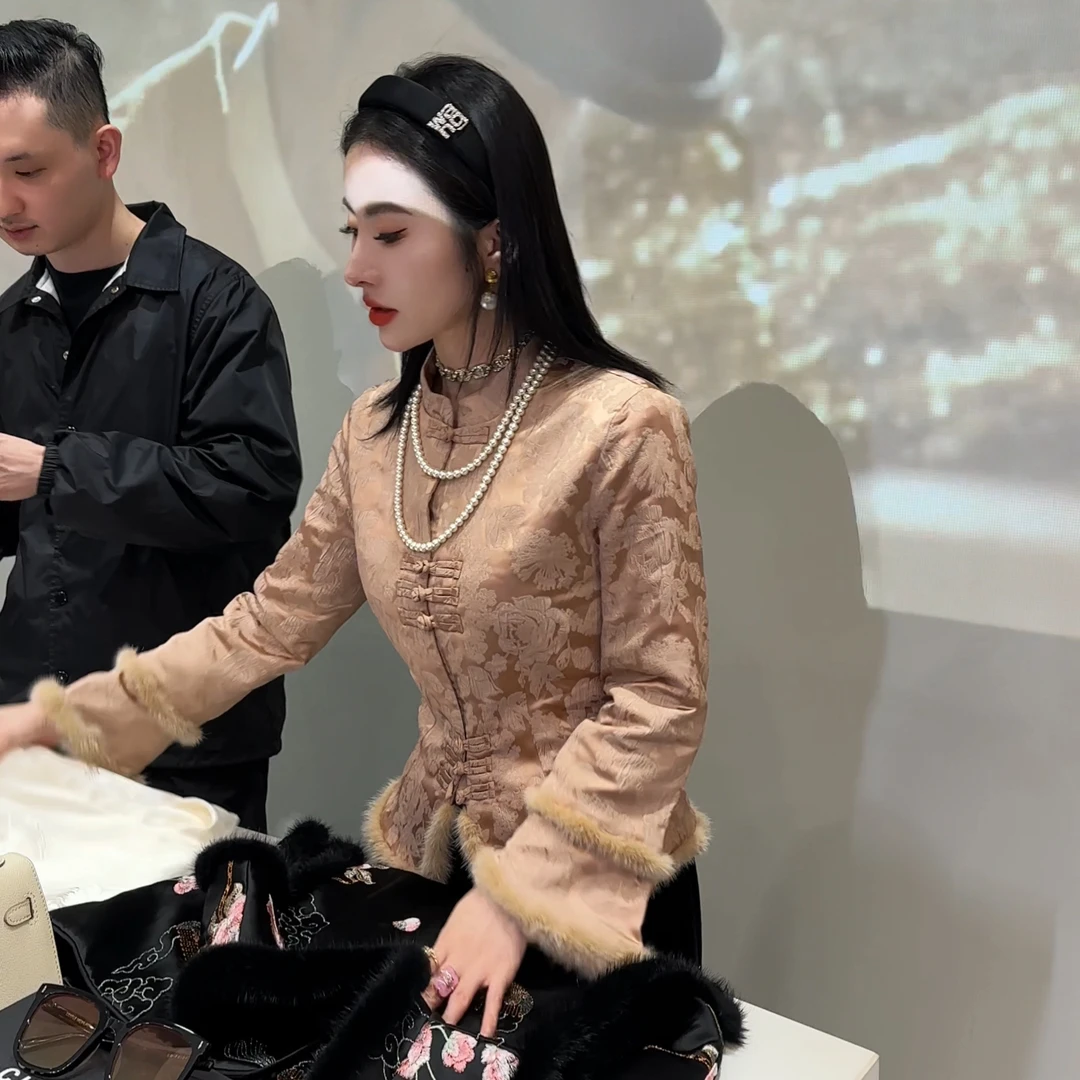 现货(鸟语花香)新中式提花拼接水貂毛中国风立领夹棉外套