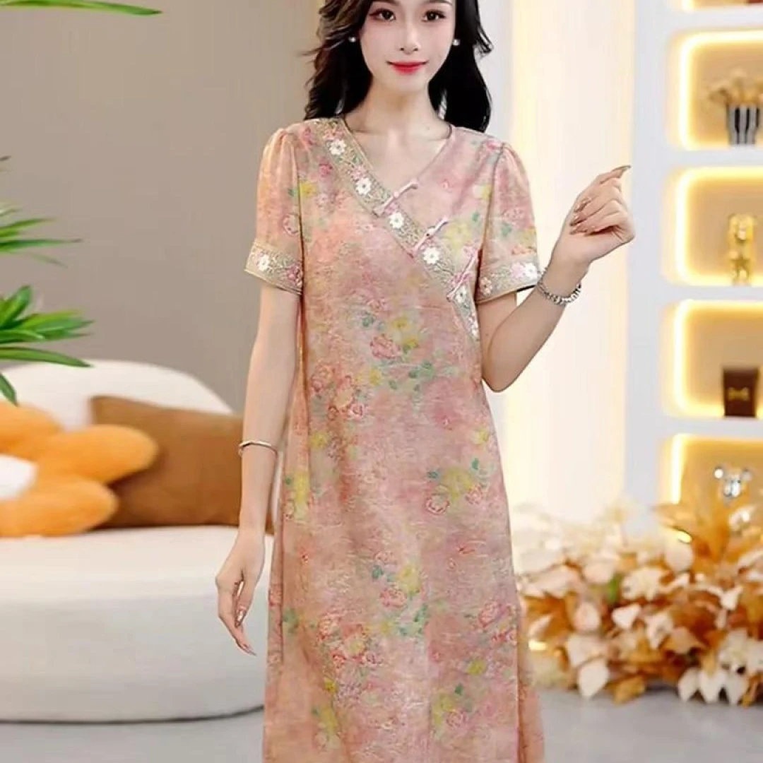 A2655新中式显瘦气质复古优雅中长款裙子