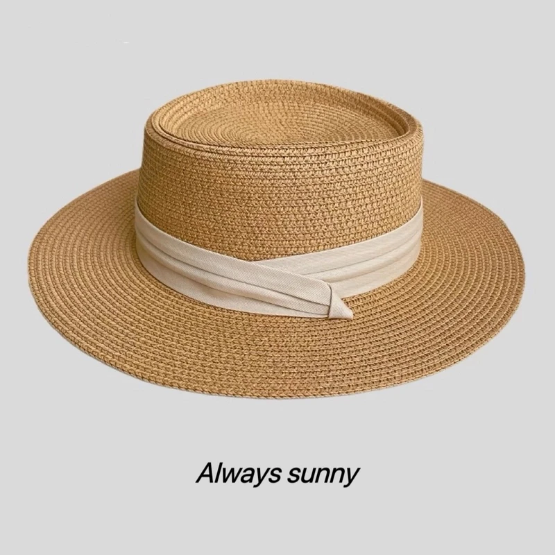 平沿女夏夏天平顶草帽沙滩法式度假遮阳防晒巴拿马遮阳帽子