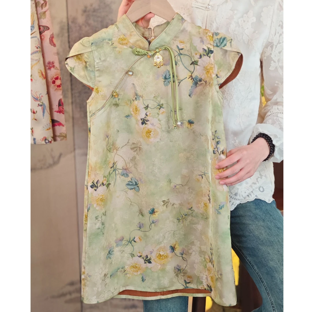 面料清仓 【蔷薇】亲子26姆米木薯丝旗袍裙女宝国风女童旗袍裙