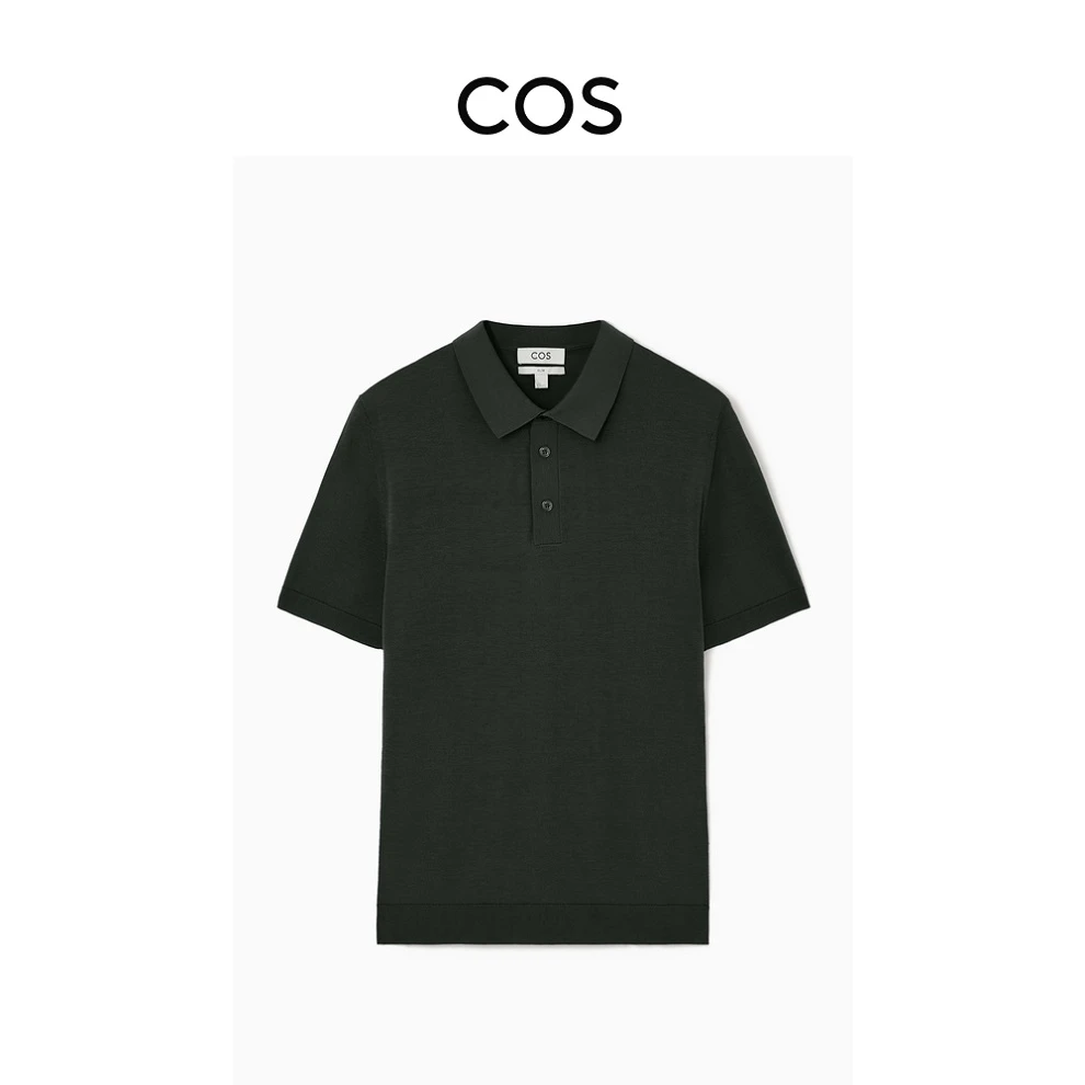 COS男装 修身版型丝棉混纺针织POLO衫短袖深绿T恤夏季1126010002