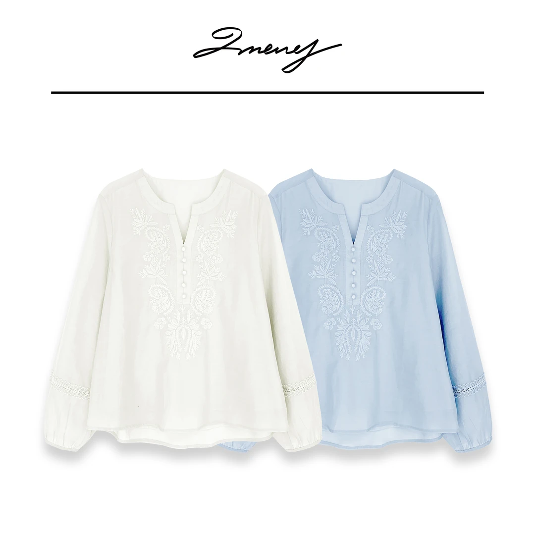 LMENY梦影花月~纯色百搭V领重工刺绣显瘦衬衫25AC008